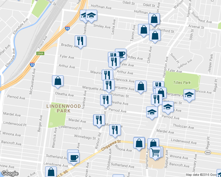 map of restaurants, bars, coffee shops, grocery stores, and more near 3464 Watson Road in St. Louis