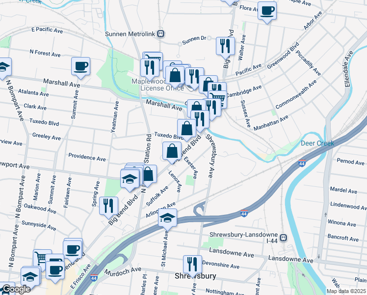 map of restaurants, bars, coffee shops, grocery stores, and more near 7529 Big Bend Boulevard in Webster Groves