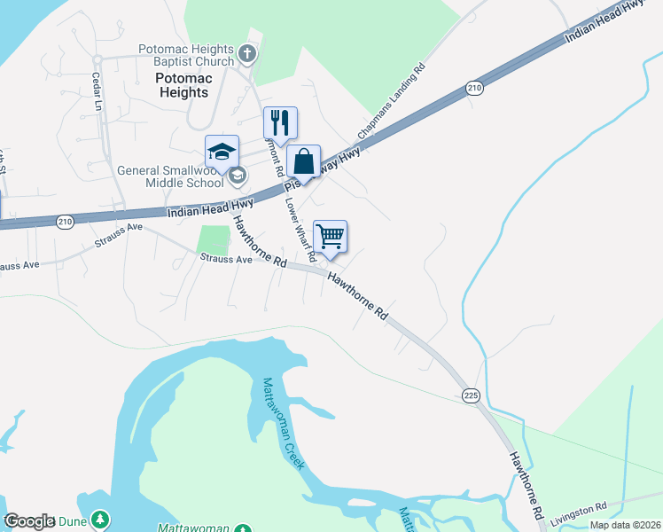 map of restaurants, bars, coffee shops, grocery stores, and more near 4310 Hawthorne Road in Indian Head