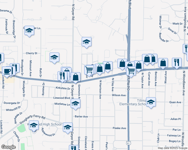 map of restaurants, bars, coffee shops, grocery stores, and more near 1120 Evans Avenue in Saint Louis