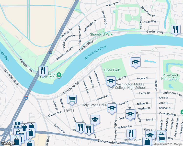 map of restaurants, bars, coffee shops, grocery stores, and more near 1395 Riverbank Road in West Sacramento