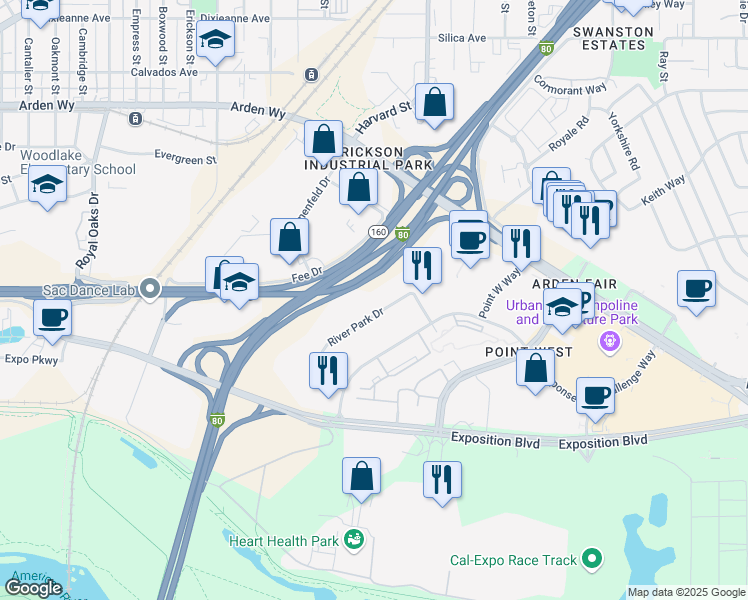 map of restaurants, bars, coffee shops, grocery stores, and more near 1500 River Park Dr in Sacramento