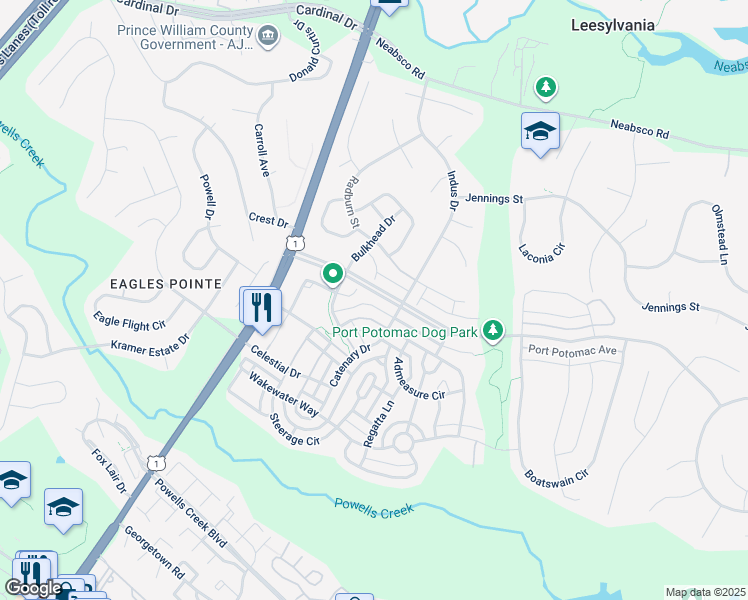 map of restaurants, bars, coffee shops, grocery stores, and more near 2545 Port Potomac Avenue in Woodbridge