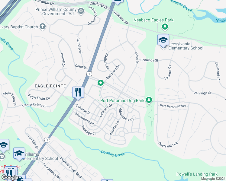 map of restaurants, bars, coffee shops, grocery stores, and more near 2545 Port Potomac Avenue in Woodbridge