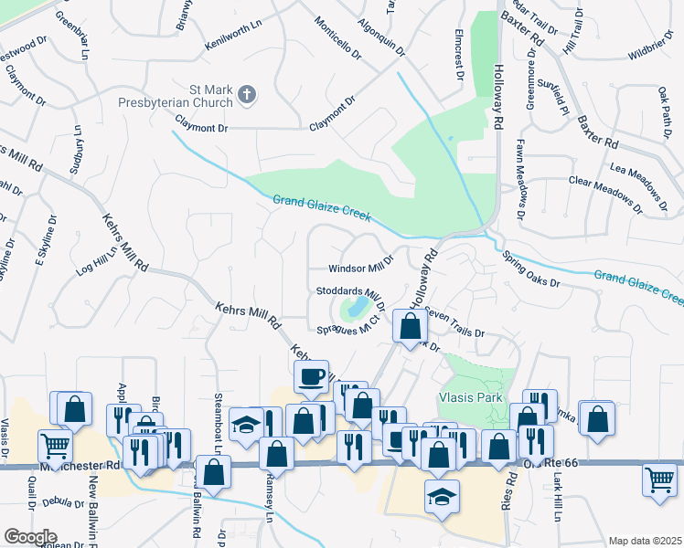 map of restaurants, bars, coffee shops, grocery stores, and more near 566 Windsor Mill Drive in Ballwin