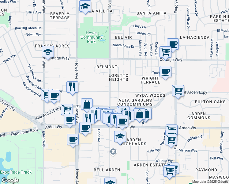 map of restaurants, bars, coffee shops, grocery stores, and more near 2314 Wyda Way in Sacramento