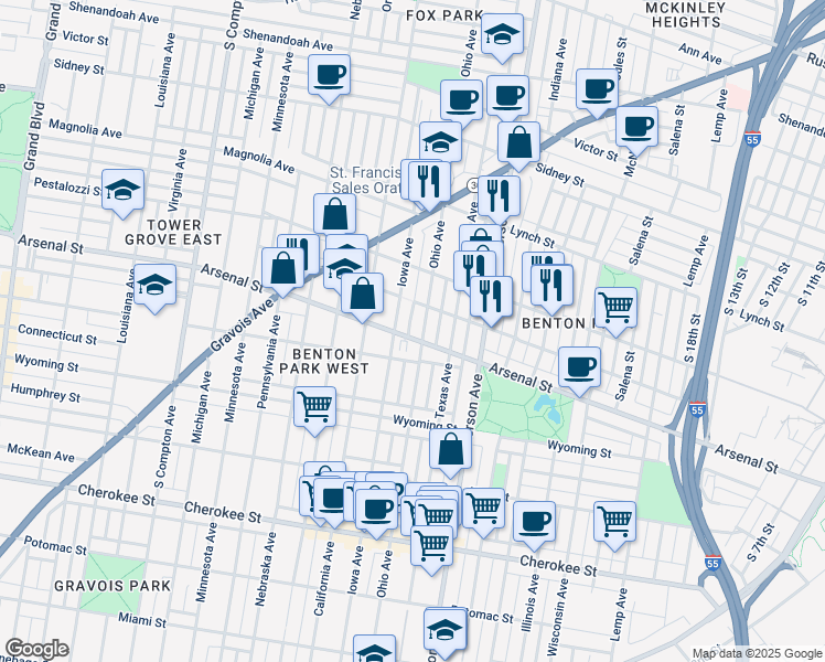 map of restaurants, bars, coffee shops, grocery stores, and more near in St. Louis
