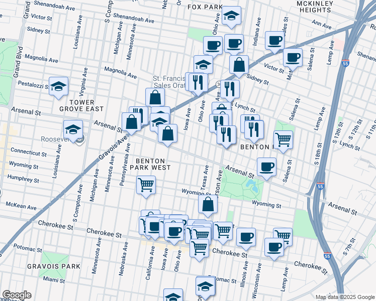 map of restaurants, bars, coffee shops, grocery stores, and more near in St. Louis