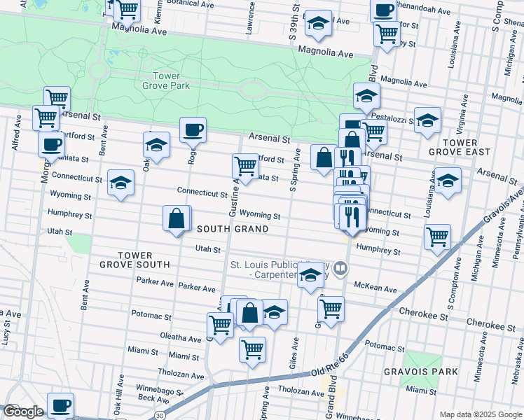 map of restaurants, bars, coffee shops, grocery stores, and more near 3864 Wyoming Street in St. Louis