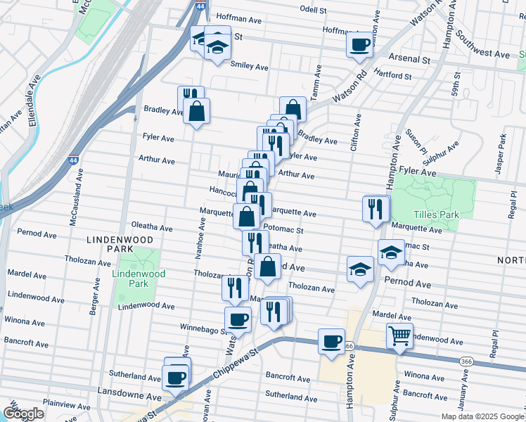 map of restaurants, bars, coffee shops, grocery stores, and more near 3464 Watson Road in St. Louis