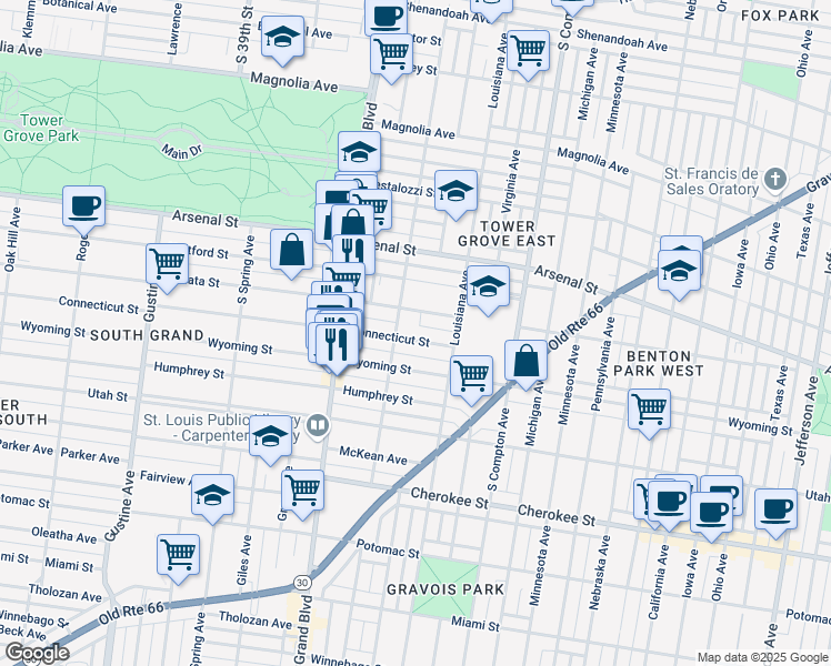 map of restaurants, bars, coffee shops, grocery stores, and more near 3443 Connecticut Street in St. Louis