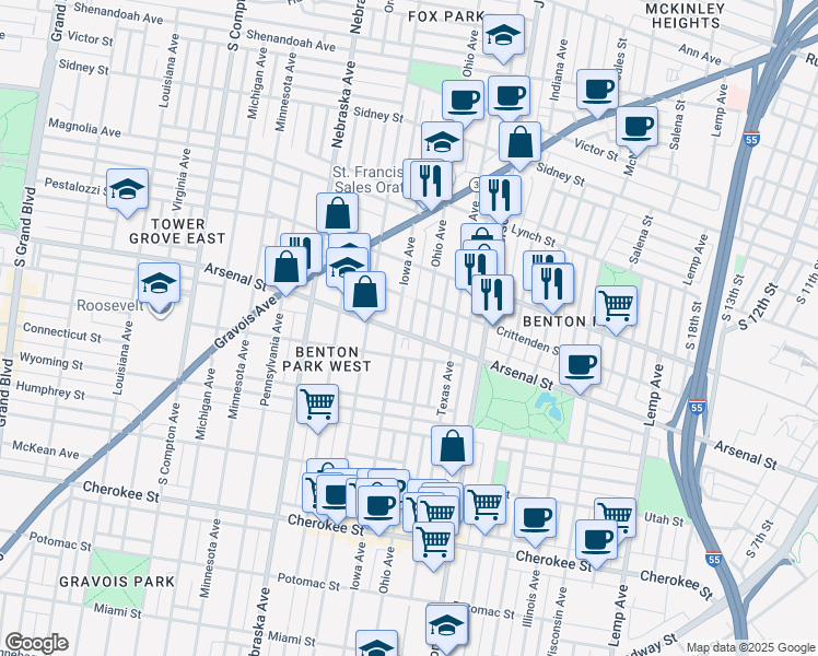 map of restaurants, bars, coffee shops, grocery stores, and more near in St. Louis
