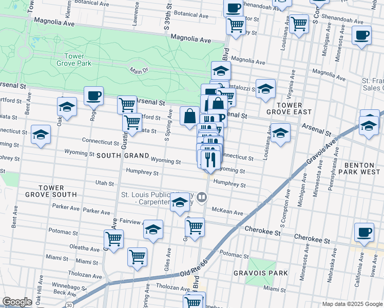 map of restaurants, bars, coffee shops, grocery stores, and more near 3640 Connecticut Street in Saint Louis