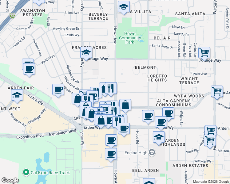 map of restaurants, bars, coffee shops, grocery stores, and more near 1895 Howe Avenue in Sacramento