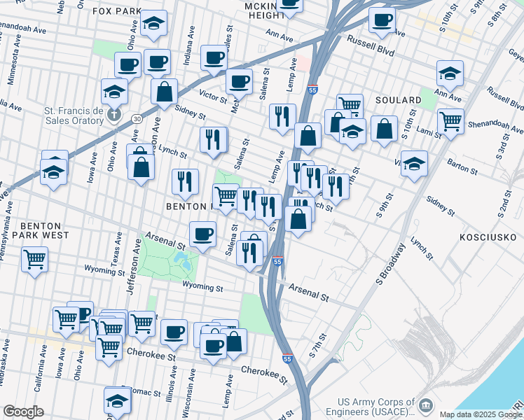 map of restaurants, bars, coffee shops, grocery stores, and more near 2849 South 18th Street in St. Louis