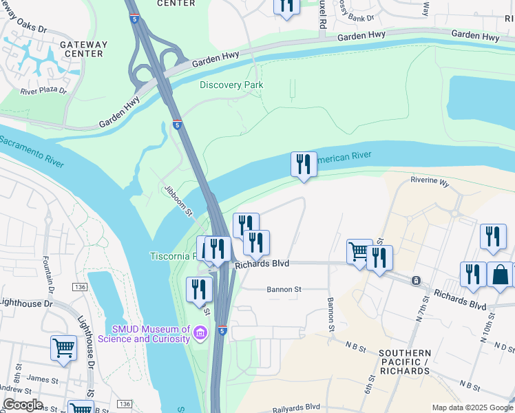 map of restaurants, bars, coffee shops, grocery stores, and more near 510 Bercut Drive in Sacramento