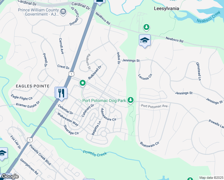 map of restaurants, bars, coffee shops, grocery stores, and more near 16250 Radburn Street in Woodbridge