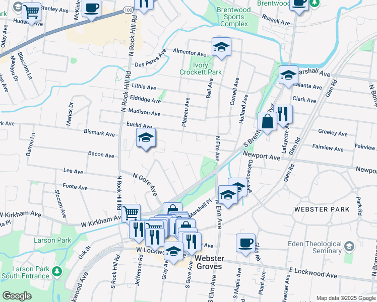 map of restaurants, bars, coffee shops, grocery stores, and more near 350 Hillside Avenue in Webster Groves