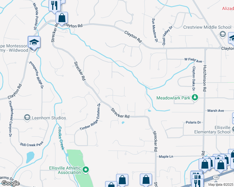 map of restaurants, bars, coffee shops, grocery stores, and more near 251 Strecker Farms Court in Ballwin
