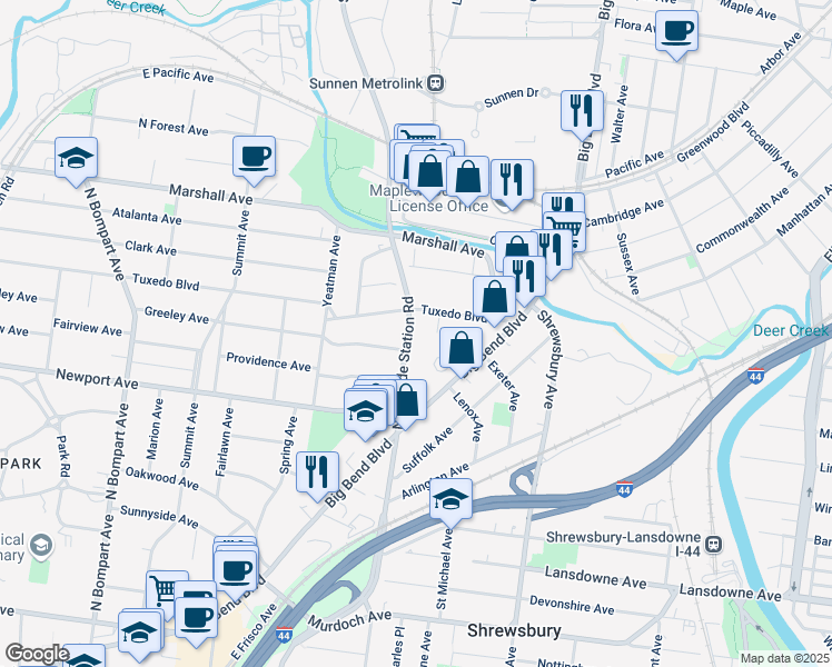 map of restaurants, bars, coffee shops, grocery stores, and more near 608 North Laclede Station Road in Webster Groves