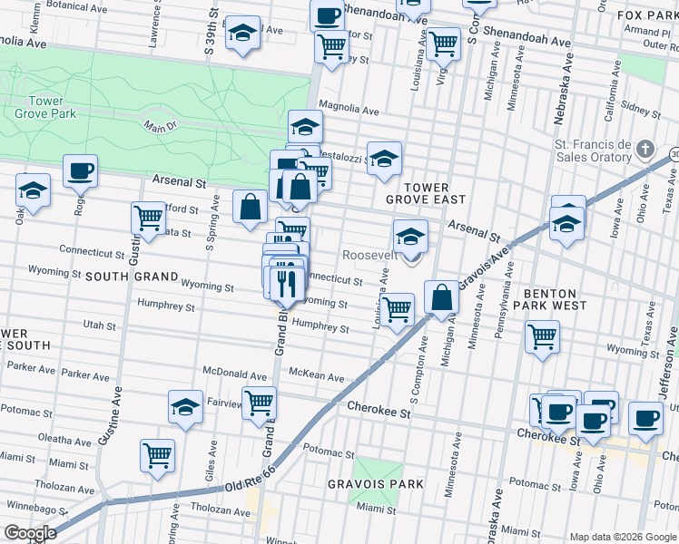 map of restaurants, bars, coffee shops, grocery stores, and more near in St. Louis