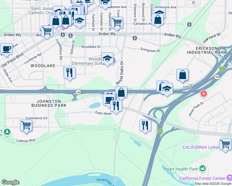 map of restaurants, bars, coffee shops, grocery stores, and more near  in Sacramento