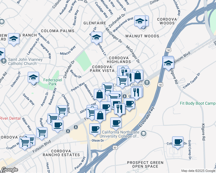 map of restaurants, bars, coffee shops, grocery stores, and more near 2761 Don Juan Drive in Rancho Cordova