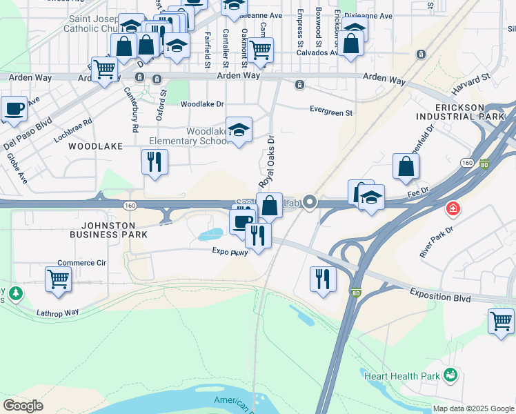 map of restaurants, bars, coffee shops, grocery stores, and more near in Sacramento