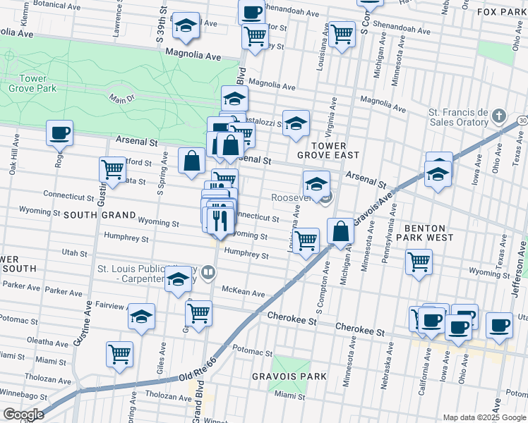 map of restaurants, bars, coffee shops, grocery stores, and more near in St. Louis