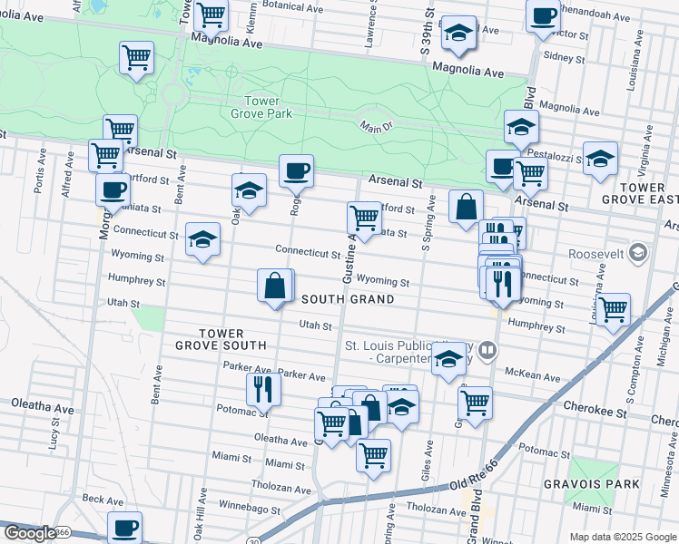 map of restaurants, bars, coffee shops, grocery stores, and more near 3906 Wyoming Street in St. Louis
