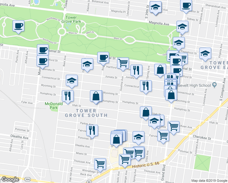 map of restaurants, bars, coffee shops, grocery stores, and more near 3906 Wyoming Street in St. Louis