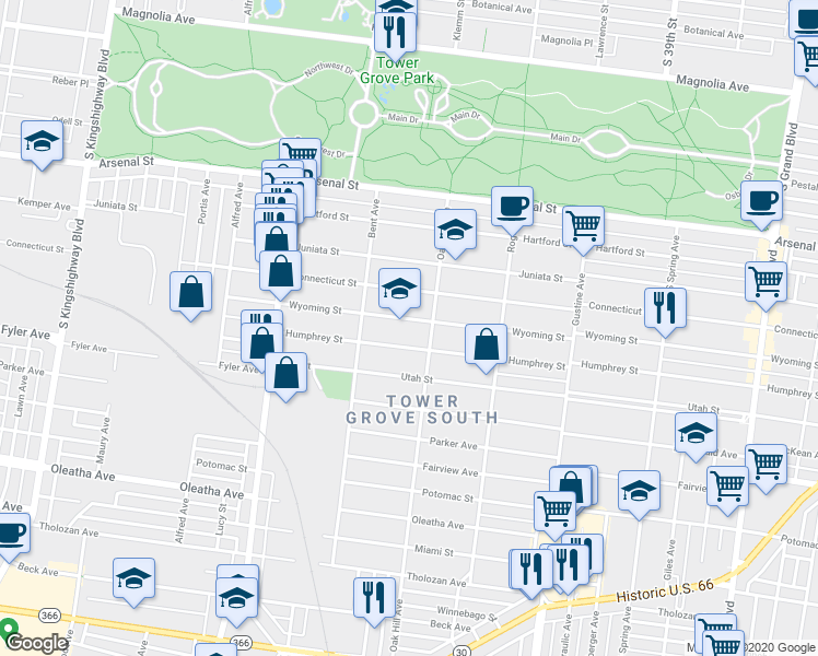 map of restaurants, bars, coffee shops, grocery stores, and more near 4125 Humphrey Street in St. Louis