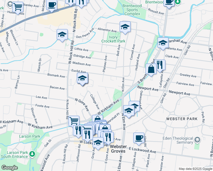 map of restaurants, bars, coffee shops, grocery stores, and more near 350 Hillside Avenue in Webster Groves