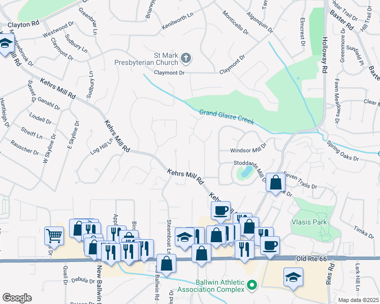 map of restaurants, bars, coffee shops, grocery stores, and more near in Ballwin