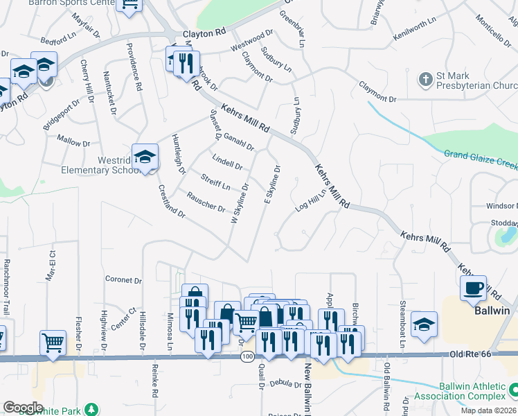 map of restaurants, bars, coffee shops, grocery stores, and more near 249 East Skyline Drive in Ballwin