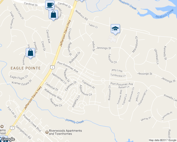 map of restaurants, bars, coffee shops, grocery stores, and more near 16250 Radburn Street in Woodbridge