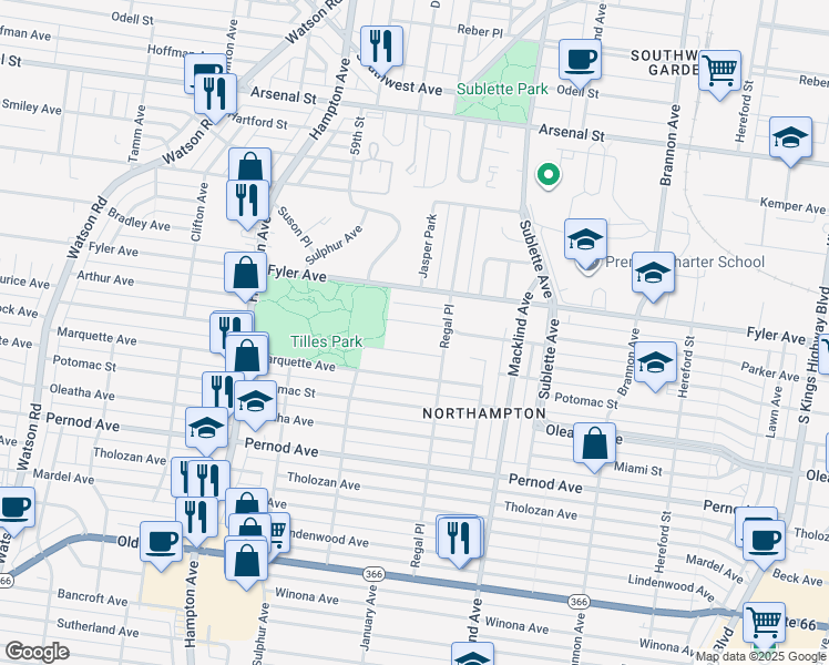 map of restaurants, bars, coffee shops, grocery stores, and more near 5646 Hancock Avenue in St. Louis
