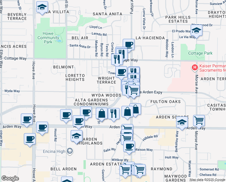 map of restaurants, bars, coffee shops, grocery stores, and more near 2445 Wyda Way in Sacramento