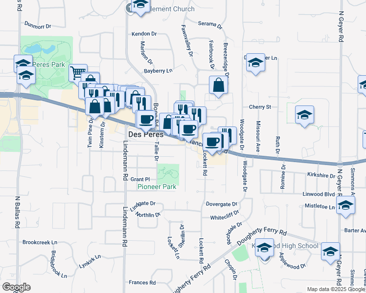 map of restaurants, bars, coffee shops, grocery stores, and more near 1043 Nana Lane in Des Peres