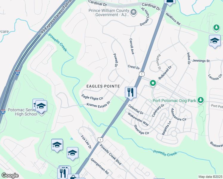 map of restaurants, bars, coffee shops, grocery stores, and more near 2904 American Eagle Boulevard in Woodbridge