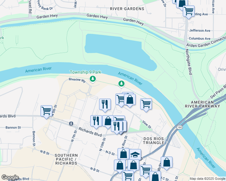 map of restaurants, bars, coffee shops, grocery stores, and more near 800 North 10th Street in Sacramento