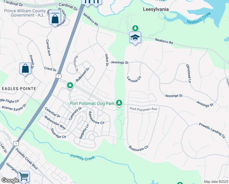 map of restaurants, bars, coffee shops, grocery stores, and more near 16287 Radburn Street in Woodbridge