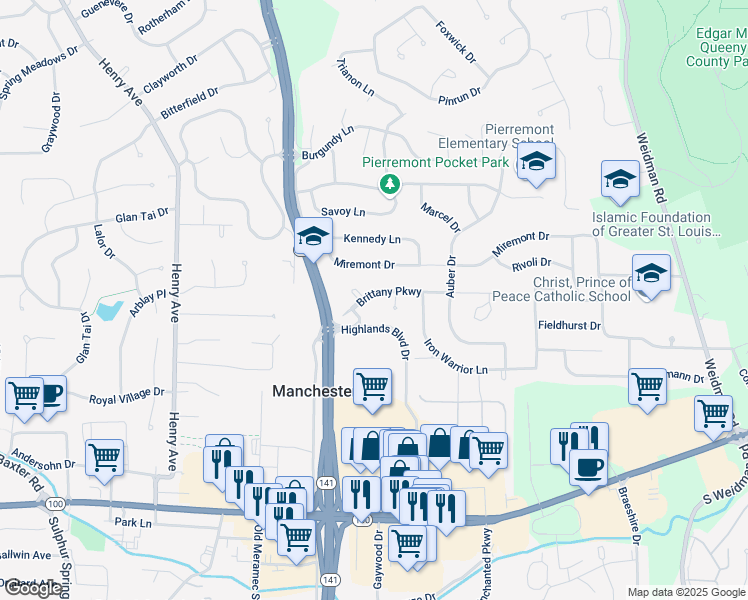 map of restaurants, bars, coffee shops, grocery stores, and more near 1012 Brittany Parkway Drive in Ballwin