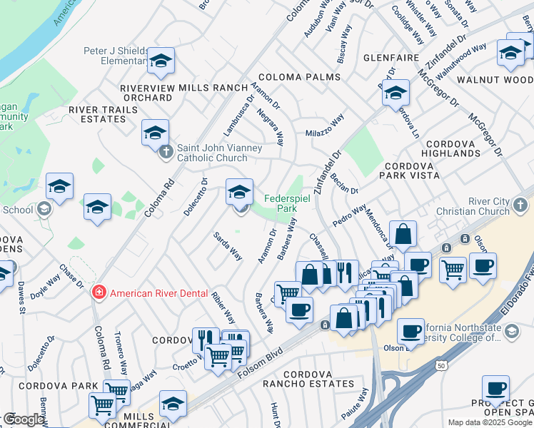map of restaurants, bars, coffee shops, grocery stores, and more near 2549 Chassella Way in Rancho Cordova