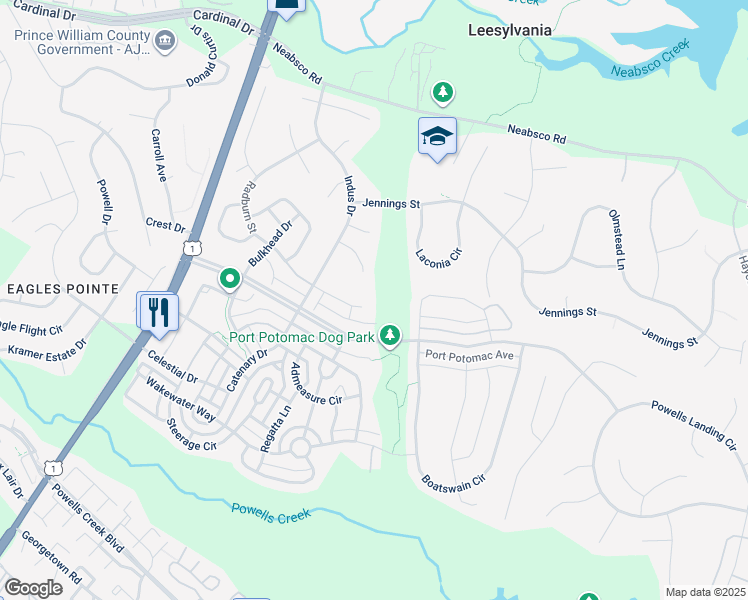 map of restaurants, bars, coffee shops, grocery stores, and more near 16287 Radburn Street in Woodbridge
