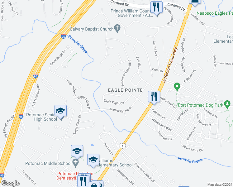 map of restaurants, bars, coffee shops, grocery stores, and more near 16224 Eagle Flight Circle in Woodbridge