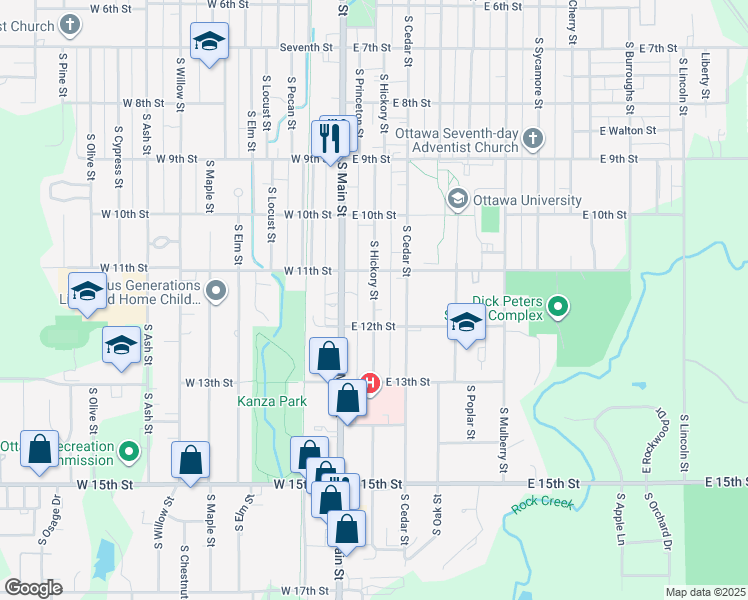 map of restaurants, bars, coffee shops, grocery stores, and more near South Hickory Street in Ottawa