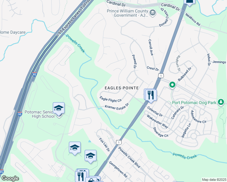 map of restaurants, bars, coffee shops, grocery stores, and more near 16224 Eagle Flight Circle in Woodbridge