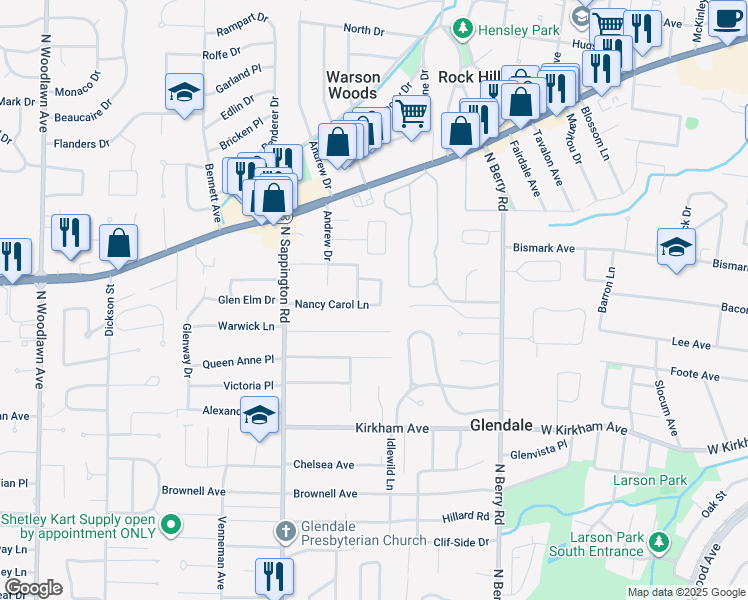 map of restaurants, bars, coffee shops, grocery stores, and more near 1219 Carol Ann Place in St. Louis