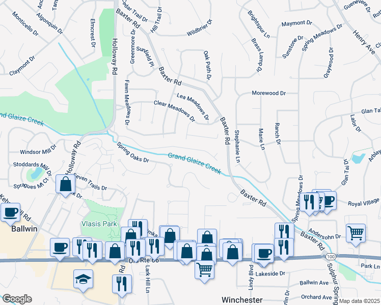 map of restaurants, bars, coffee shops, grocery stores, and more near 152 Country Creek Court in Ballwin